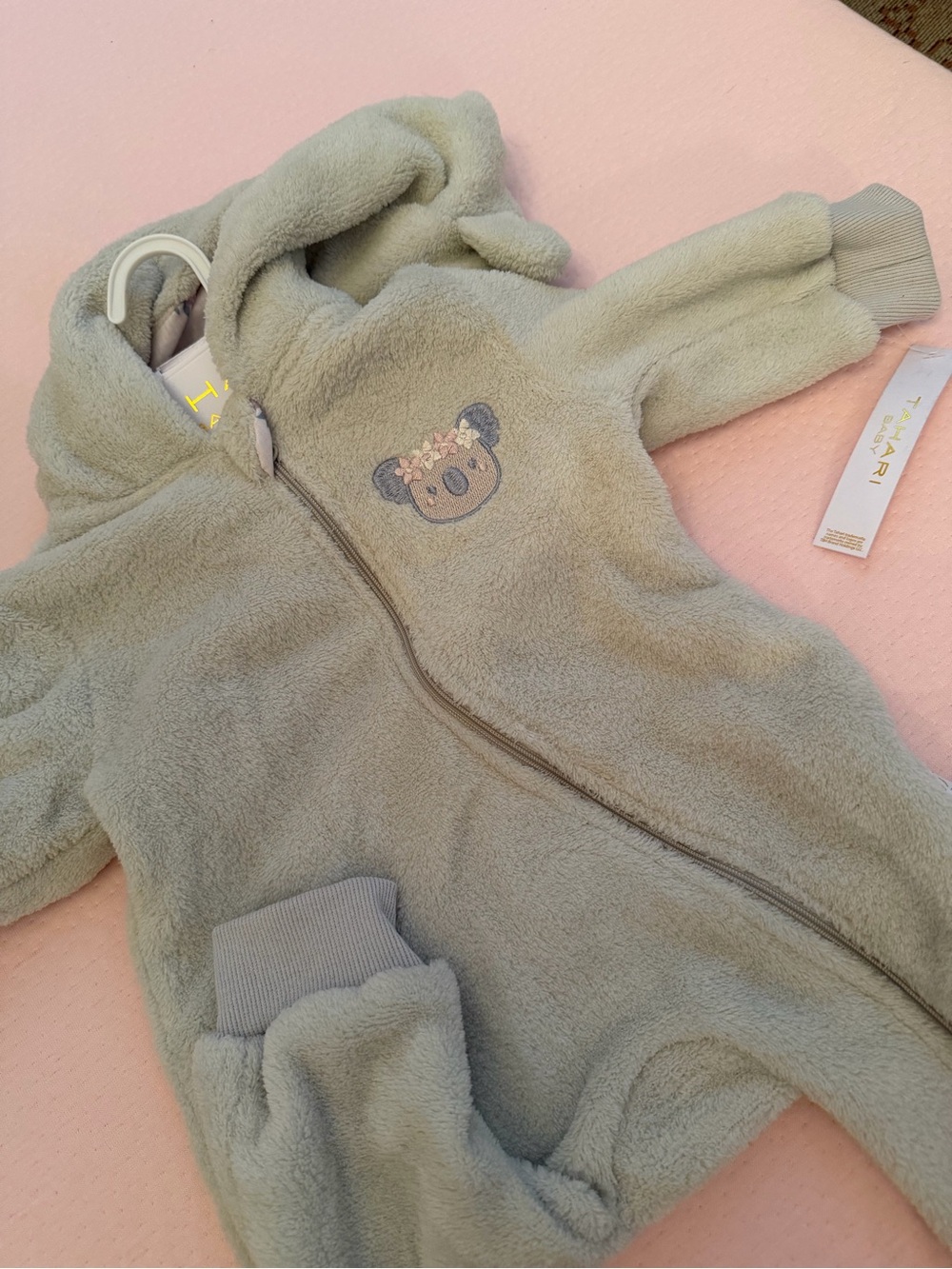 Tahari Sage Green Plush Hooded Baby One-Piece Bodysuit with Koala Embroidery
